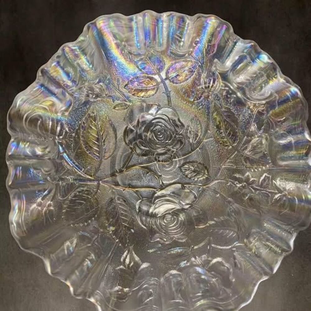 carnival glass rose pattern  in ice white American Beauty Roses by Imperial.  9"